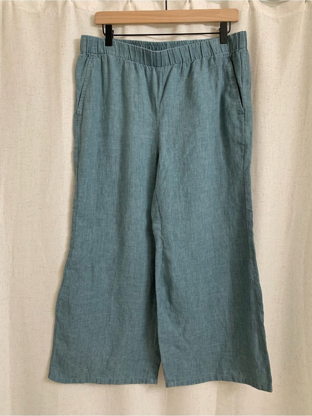 Eileen Fisher 100% Organic Linen Délavé Relaxed Wide-Leg Pants Blue Medium - Picture 2 of 13